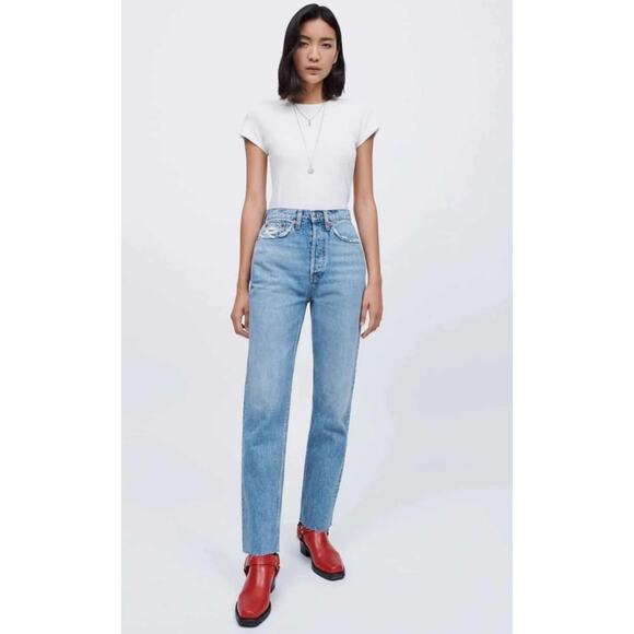 REDONE 70s Ultra High Rise Stove Pipe in Worn Blue Wash Button Fly sz 23 EUC - Picture 1 of 11